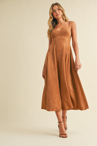 Suede Corset Flared Midi Dress with Spaghetti Straps