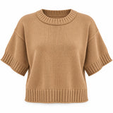 Camel short-sleeve ribbed sweater, front product view on white background