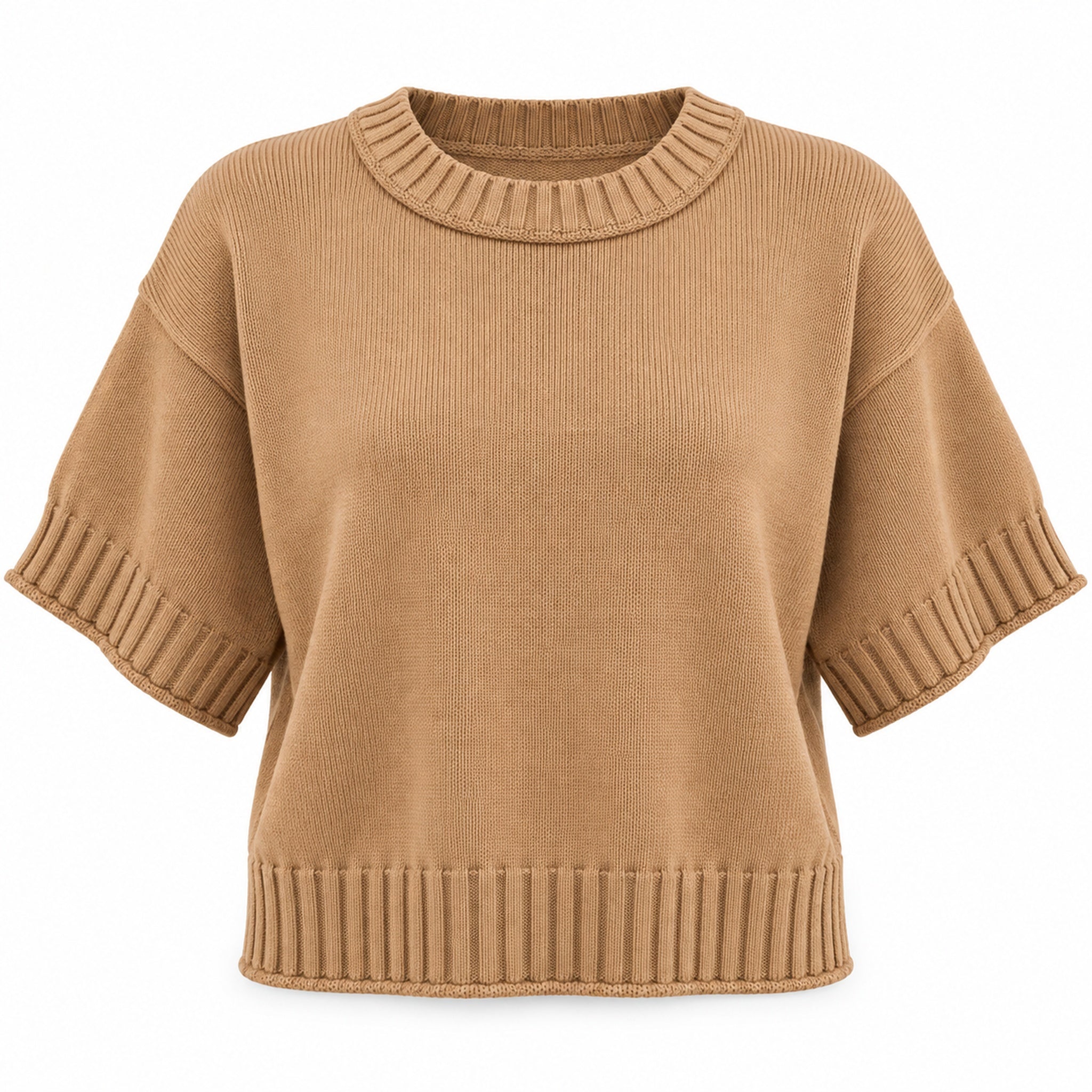 Camel short-sleeve ribbed sweater, front product view on white background
