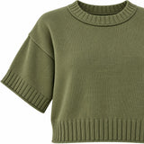 Olive short-sleeve ribbed sweater, neckline, sleeve and ribbed knit detail