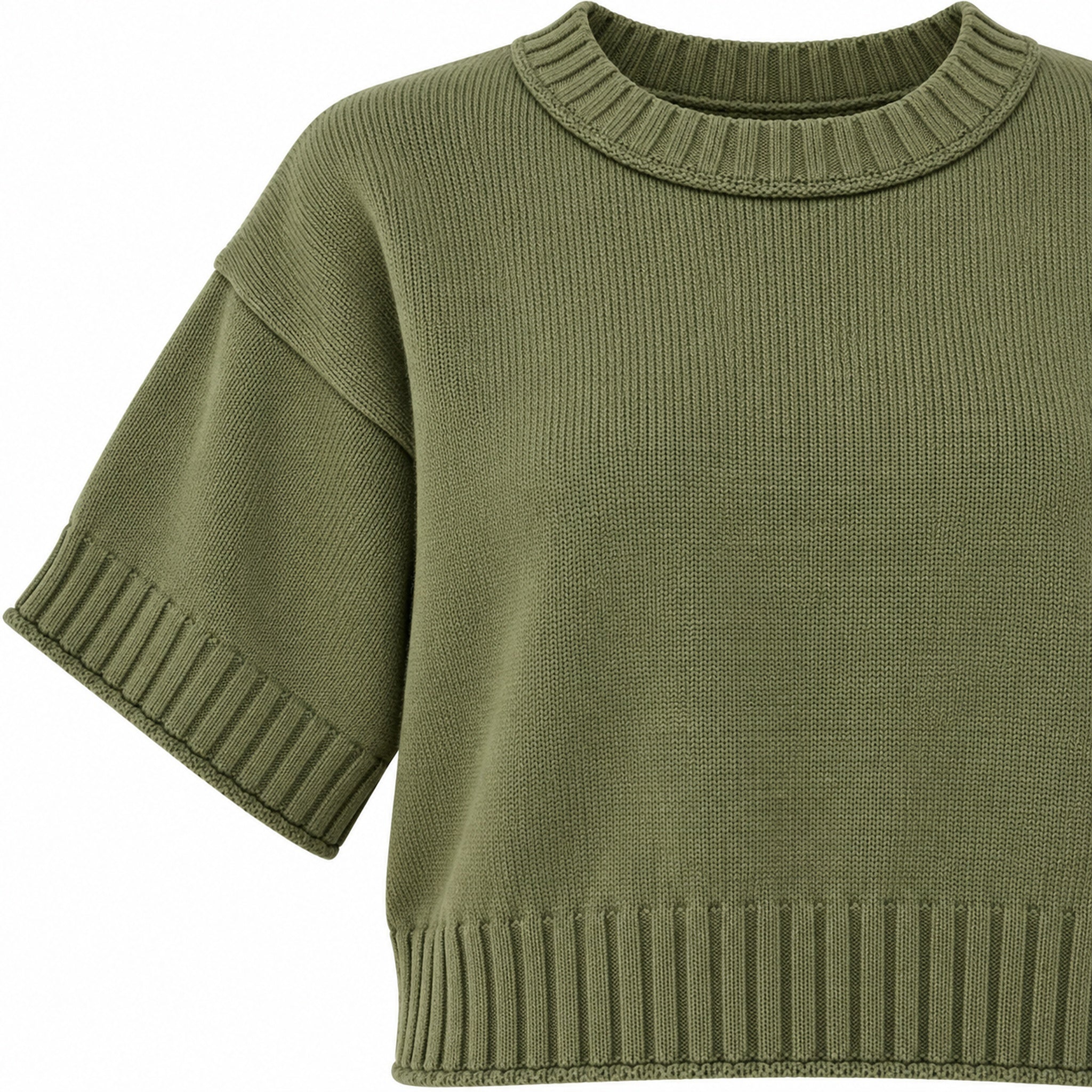 Olive short-sleeve ribbed sweater, neckline, sleeve and ribbed knit detail