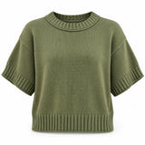 Olive short-sleeve ribbed sweater, front product view on white background