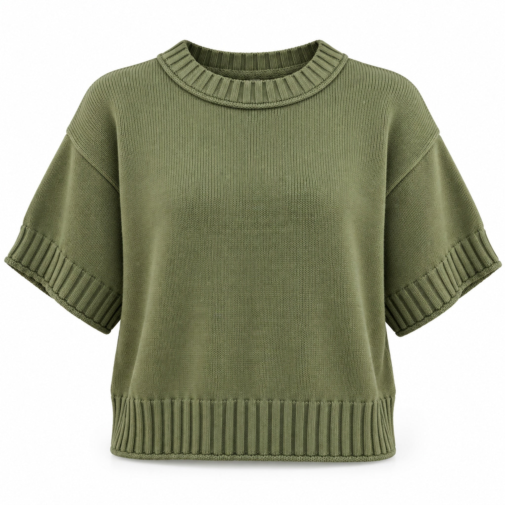 Olive short-sleeve ribbed sweater, front product view on white background