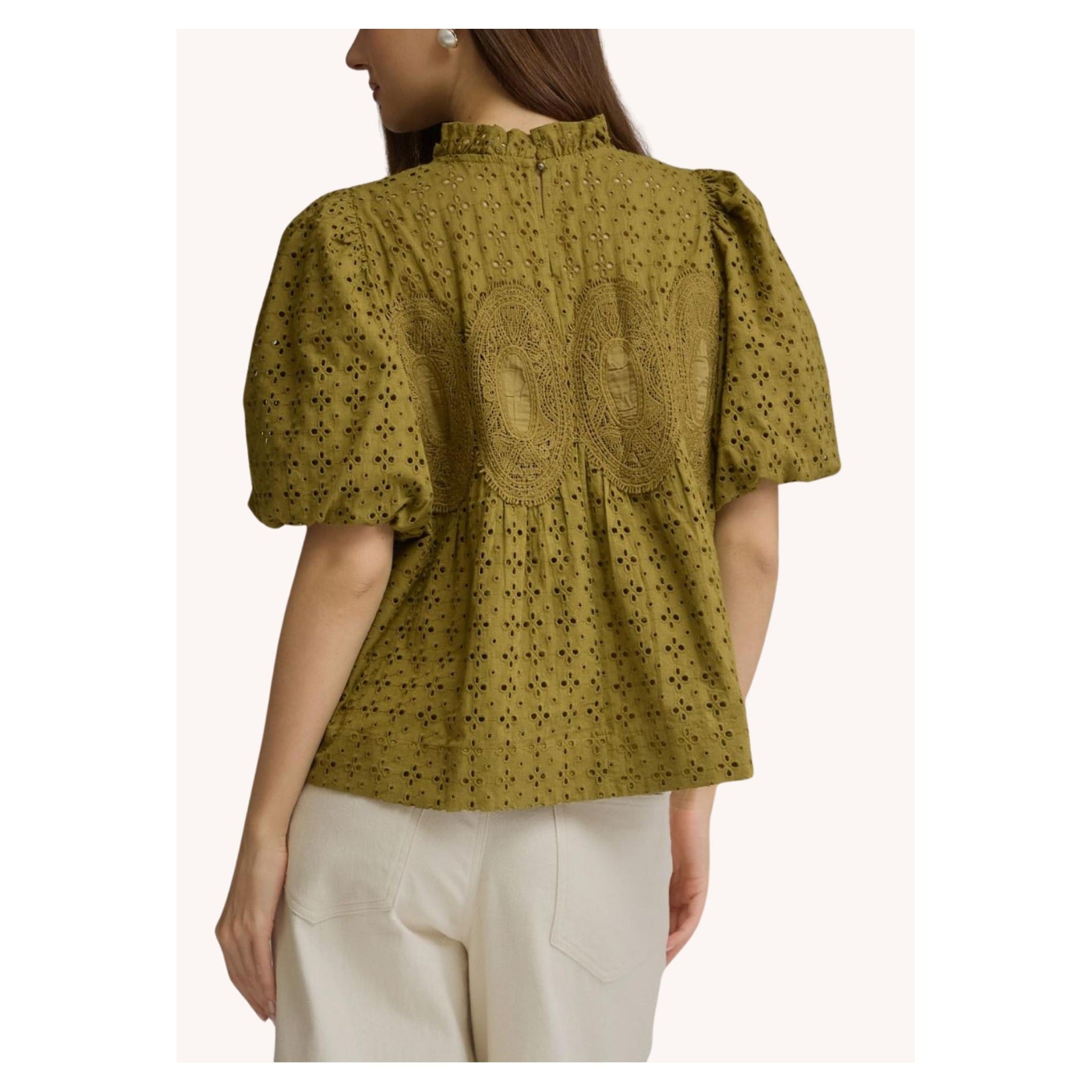 Olive eyelet puff-sleeve top, back model view