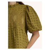 Olive top ruffled neckline, eyelet and crochet trim detail