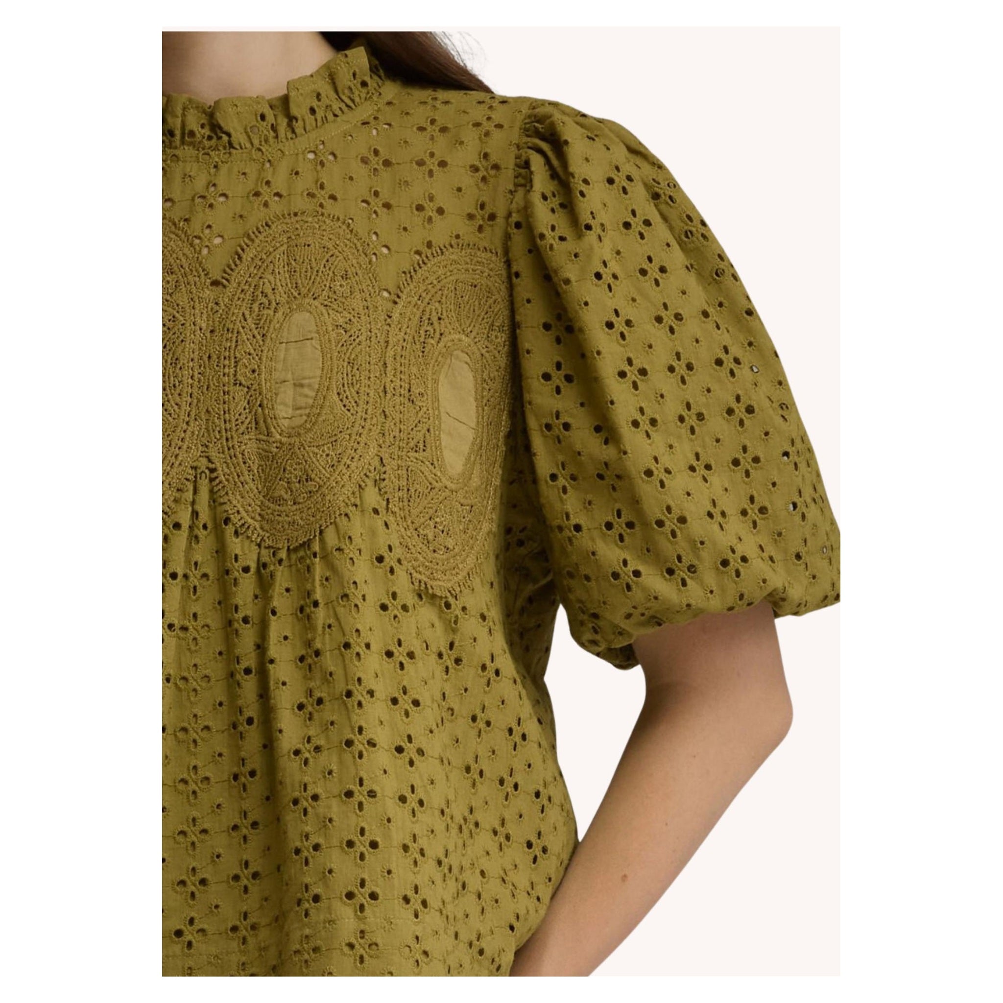 Olive top ruffled neckline, eyelet and crochet trim detail