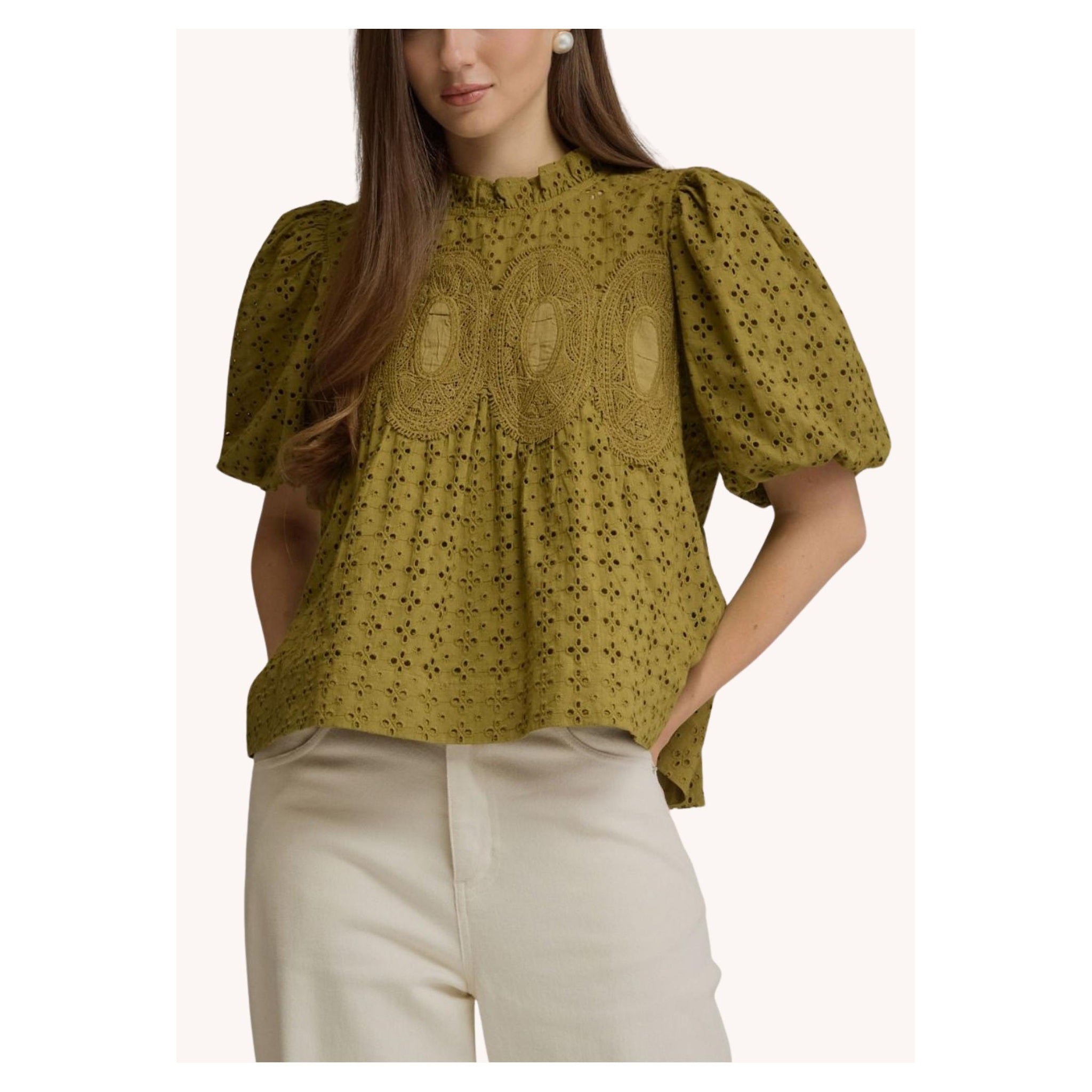 Olive eyelet puff-sleeve top, front model view