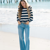 Striped Long Sleeve Boat Neck Top with Button Detail