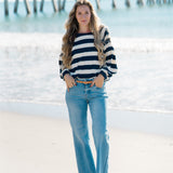 Striped Long Sleeve Boat Neck Top with Button Detail