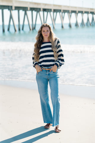 Striped Long Sleeve Boat Neck Top with Button Detail