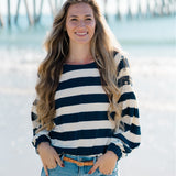 Striped Long Sleeve Boat Neck Top with Button Detail