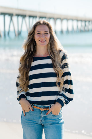 Striped Long Sleeve Boat Neck Top with Button Detail