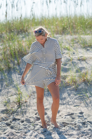 Striped Relaxed Fit Belted Short Sleeve Romper