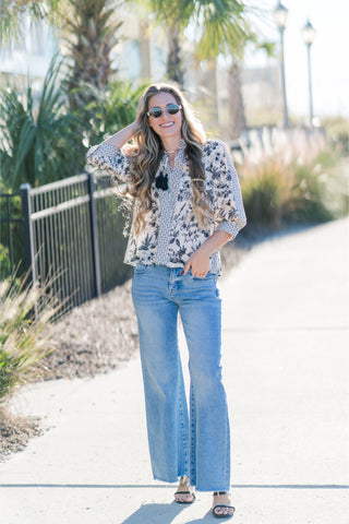 Botanical Print ¾ Sleeve Top with Contrast Tassel Tie V-neck