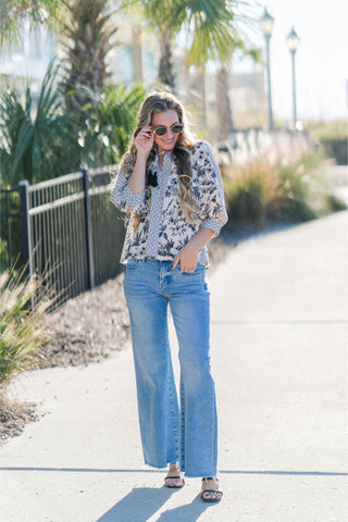 Botanical Print ¾ Sleeve Top with Contrast Tassel Tie V-neck