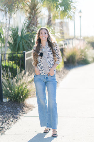 Botanical Print ¾ Sleeve Top with Contrast Tassel Tie V-neck