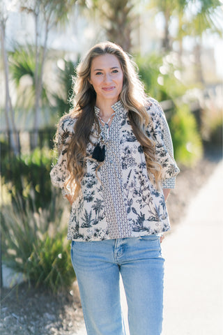 Botanical Print ¾ Sleeve Top with Contrast Tassel Tie V-neck