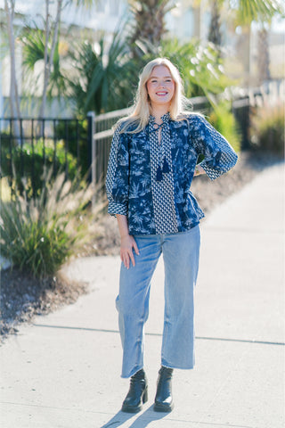 Botanical Print ¾ Sleeve Top with Contrast Tassel Tie V-neck
