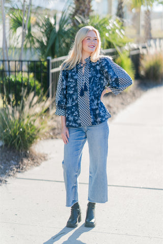 Botanical Print ¾ Sleeve Top with Contrast Tassel Tie V-neck