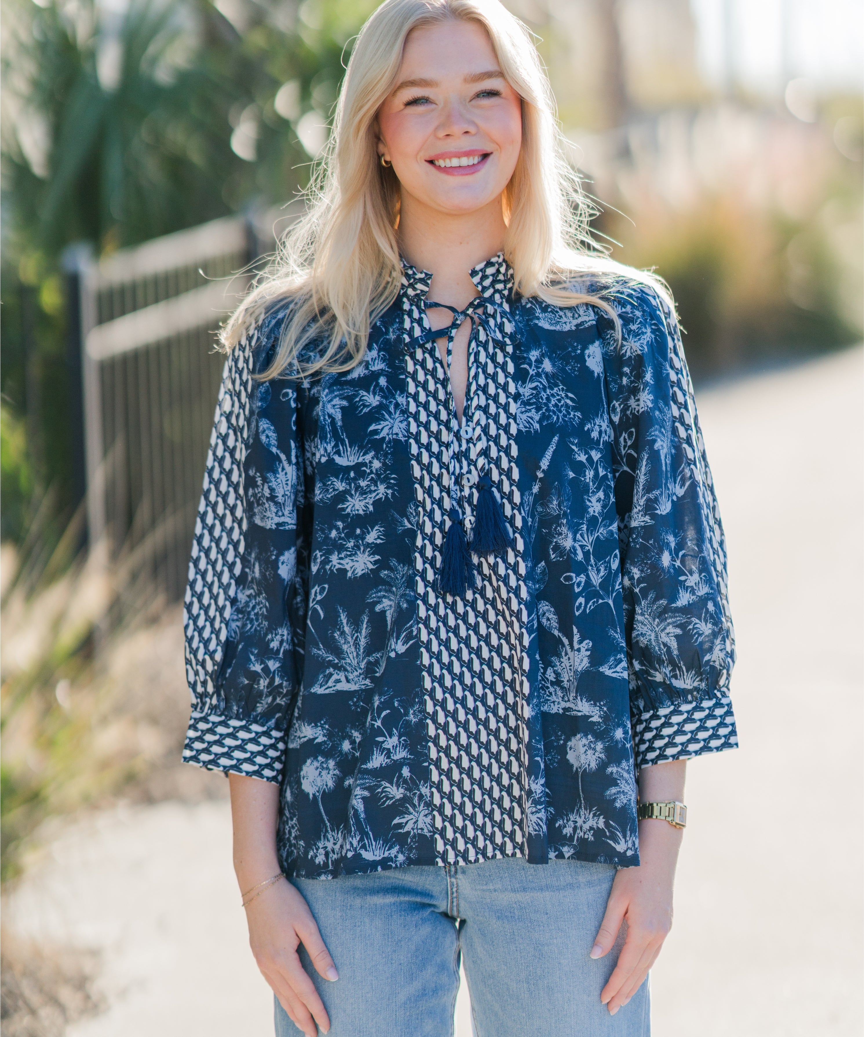 Botanical Print ¾ Sleeve Top with Contrast Tassel Tie V-neck