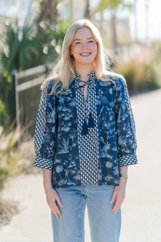 Botanical Print ¾ Sleeve Top with Contrast Tassel Tie V-neck
