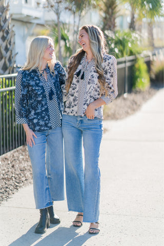 Botanical Print ¾ Sleeve Top with Contrast Tassel Tie V-neck