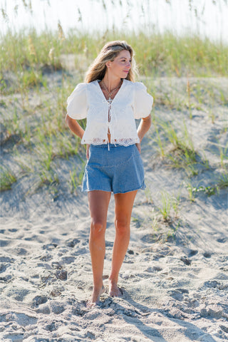 Eyelet Short Puff Sleeve Blouse