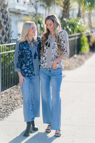Botanical Print ¾ Sleeve Top with Contrast Tassel Tie V-neck