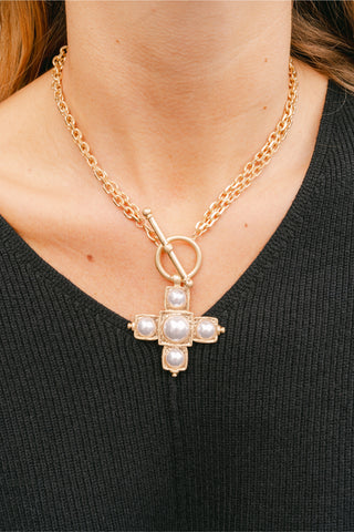 Layered Cross & Pearl Necklace