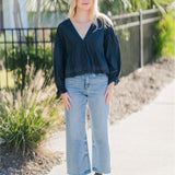 Eyelet Collar V-Neck Button Down Long Sleeve Blouse