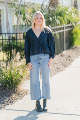 Eyelet Collar V-Neck Button Down Long Sleeve Blouse