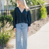 Eyelet Collar V-Neck Button Down Long Sleeve Blouse