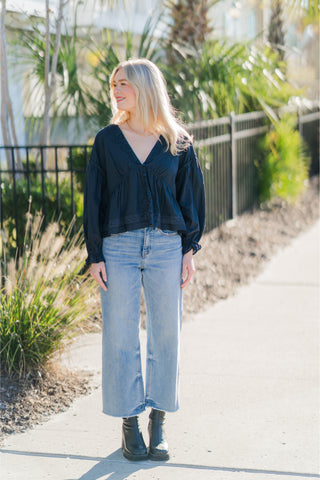 Eyelet Collar V-Neck Button Down Long Sleeve Blouse