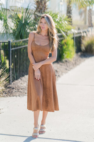 Faux Suede Corset Flared Midi Dress with Spaghetti Straps