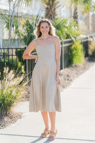 Faux Suede Corset Flared Midi Dress with Spaghetti Straps