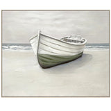 Beached rowboat on a sandy beach with a calm sea and sky.