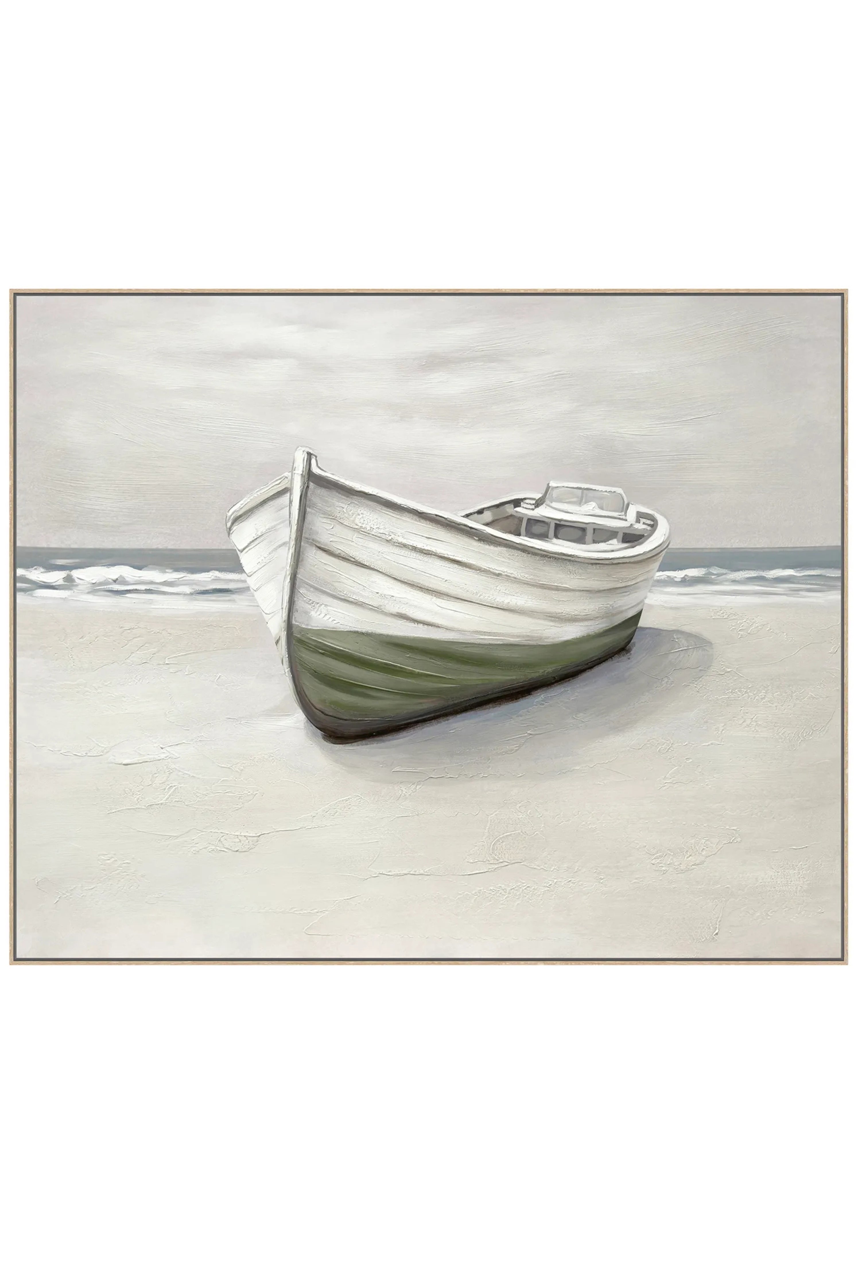 Beached rowboat on a sandy beach with a calm sea and sky.