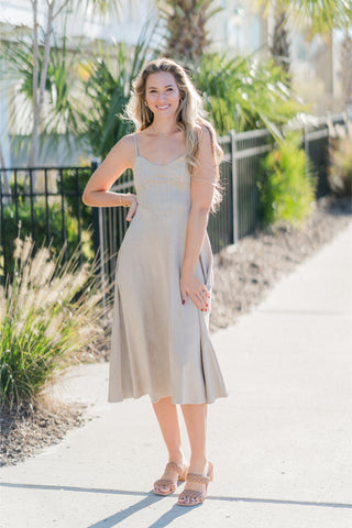 Faux Suede Corset Flared Midi Dress with Spaghetti Straps