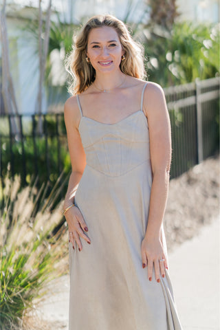 Faux Suede Corset Flared Midi Dress with Spaghetti Straps