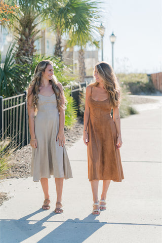 Faux Suede Corset Flared Midi Dress with Spaghetti Straps