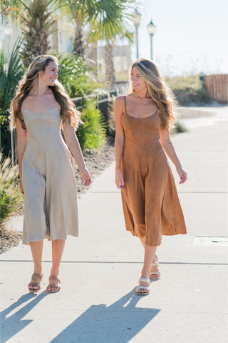 Faux Suede Corset Flared Midi Dress with Spaghetti Straps