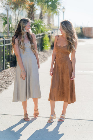 Faux Suede Corset Flared Midi Dress with Spaghetti Straps