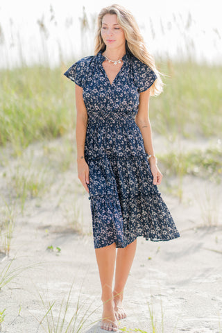 Smocked Flutter Sleeve Midi Dress