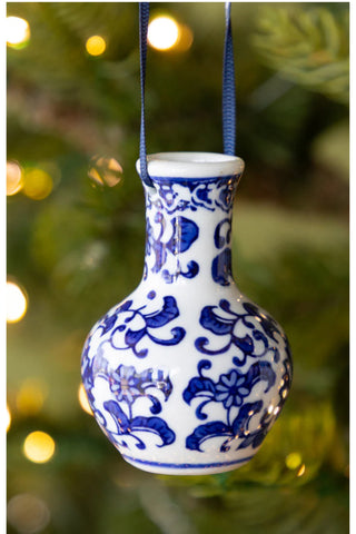 Blue & White Stoneware Ornament with Ribbon