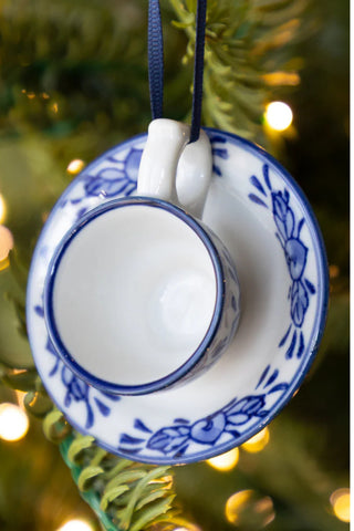 Blue & White Stoneware Ornament with Ribbon