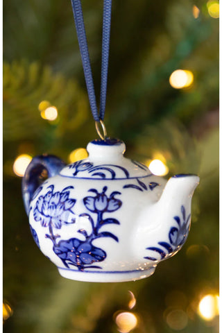 Blue & White Stoneware Ornament with Ribbon