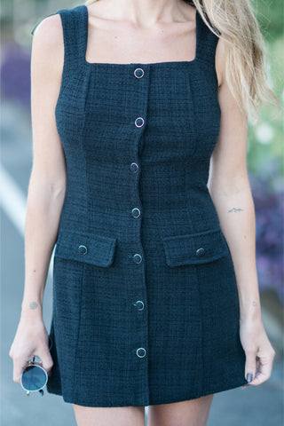 Sleeveless Square Neck Tweed Button Down Dress with Front Pockets