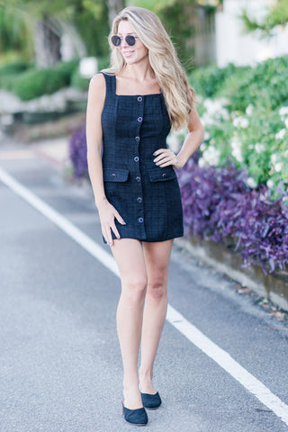 Sleeveless Square Neck Tweed Button Down Dress with Front Pockets