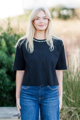 Pearl Neckline Semi-Cropped Knit Top