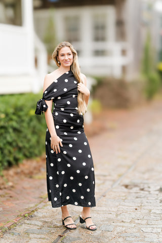 Off-the-Shoulder Polka Dot Maxi Dress